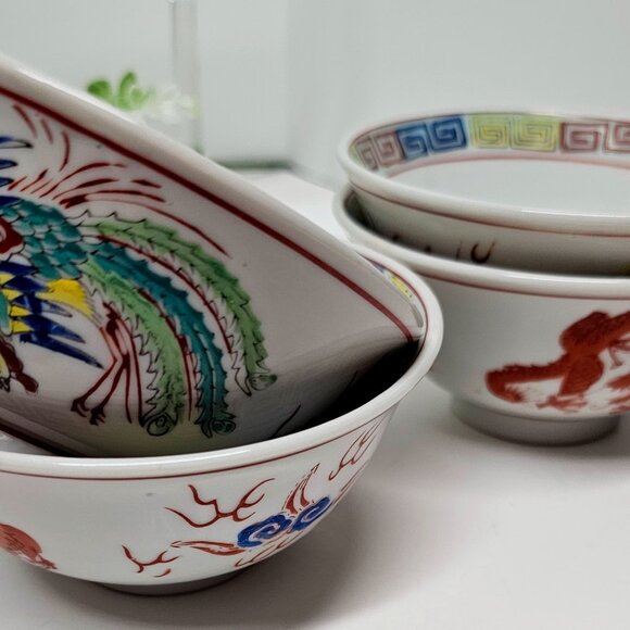 Vintage Japanese Arita Ware Imari-Style Dragon Rice Bowls Set of Four - Picture 4 of 7